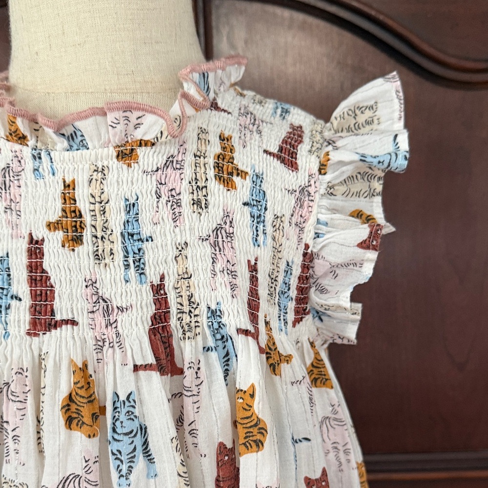 PINK CHICKEN Cat Print Dress Girls 4T Smocked Flutter Sleeve - Picture 5 of 9